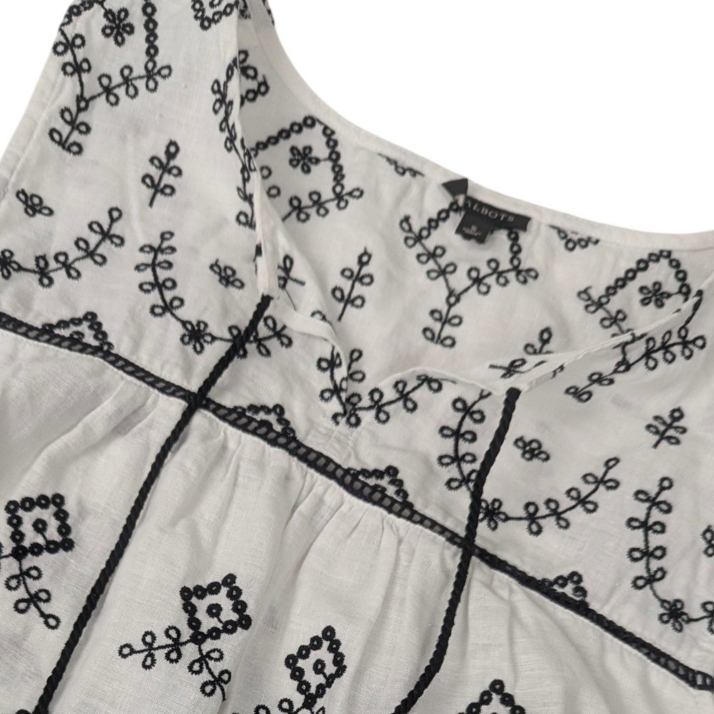 Talbots Womens White Black Linen Cotton Embroidered Scalloped Sleeveless Top S